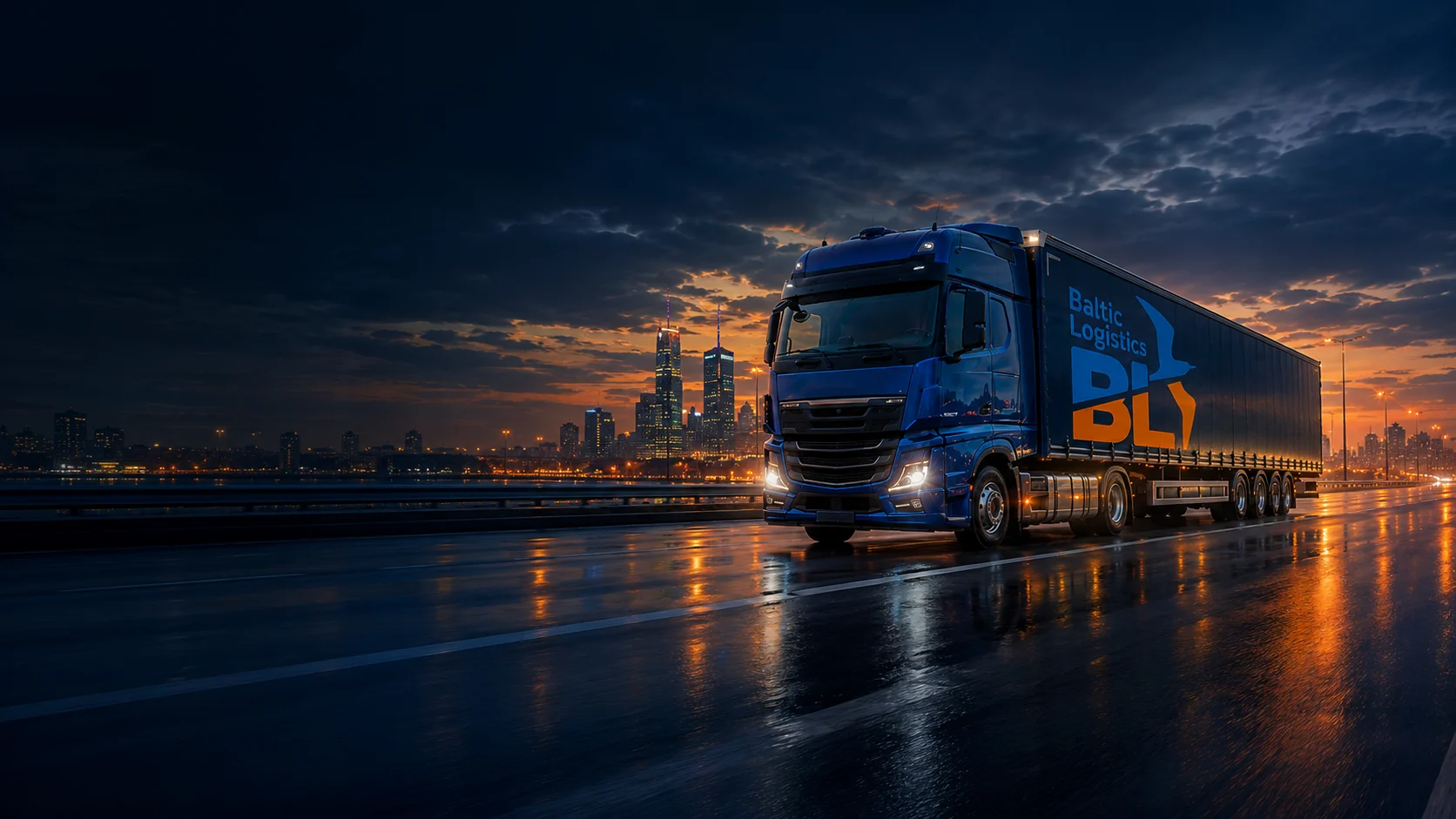 Фура Baltic Logistics на ночной трассе — грузоперевозки по России, СНГ, Китаю и Европе